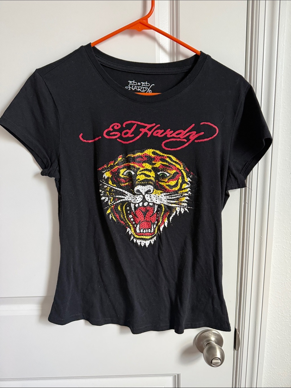 Ed Hardy Black Tee with Pink Script and Multicolor Tiger